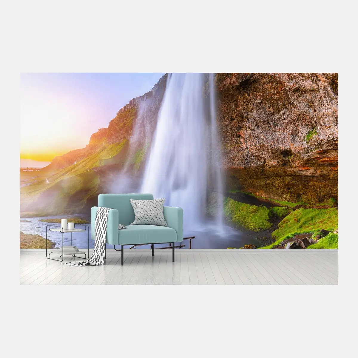 Wall mural Seljalandsfoss waterfall at sunset • Wallissimo®