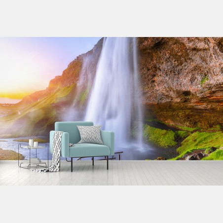Wall mural Seljalandsfoss waterfall at sunset • Wallissimo®