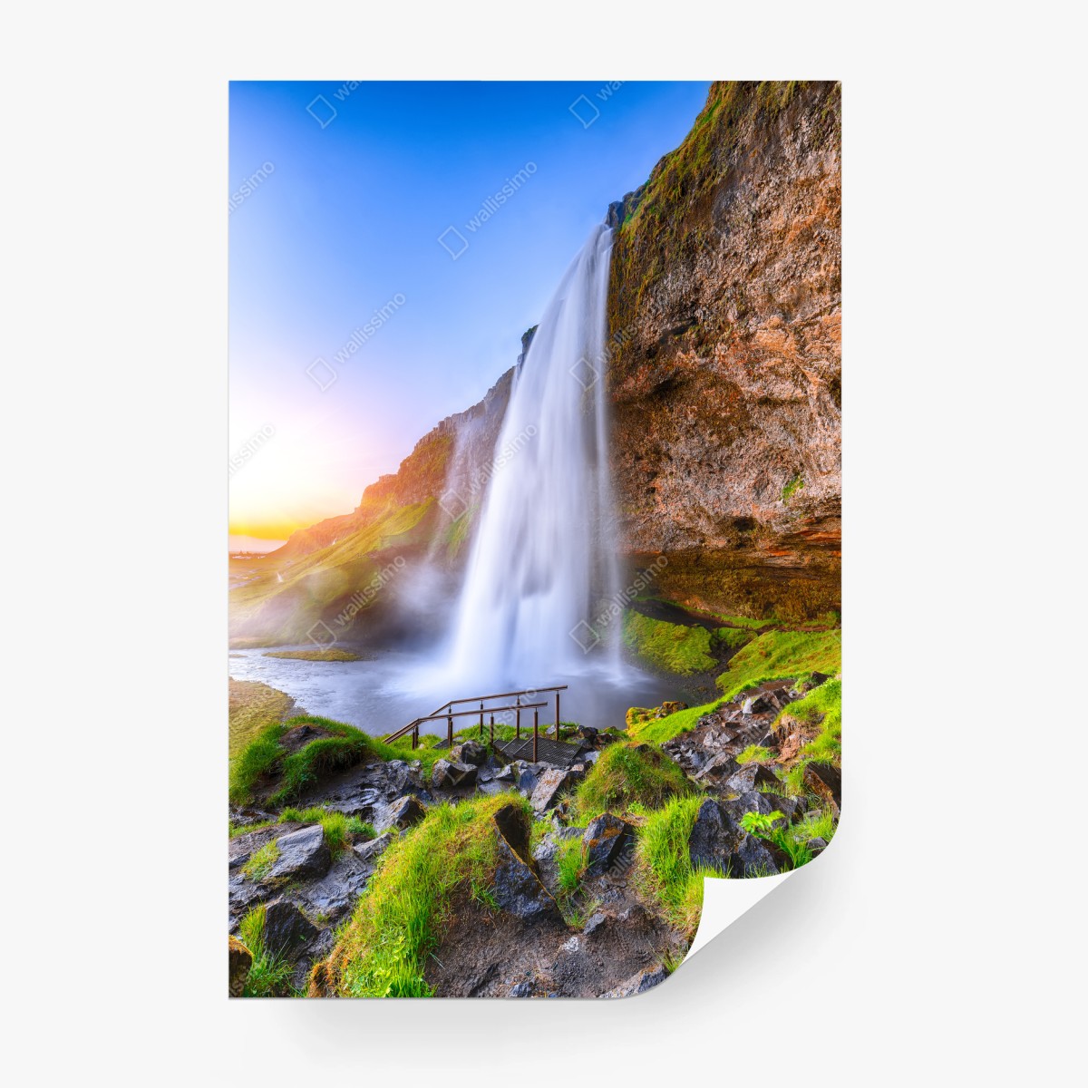 Wall mural Seljalandsfoss waterfall at sunset • Wallissimo®