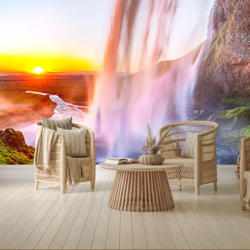 Wall mural Seljalandsfoss waterfall at sunset