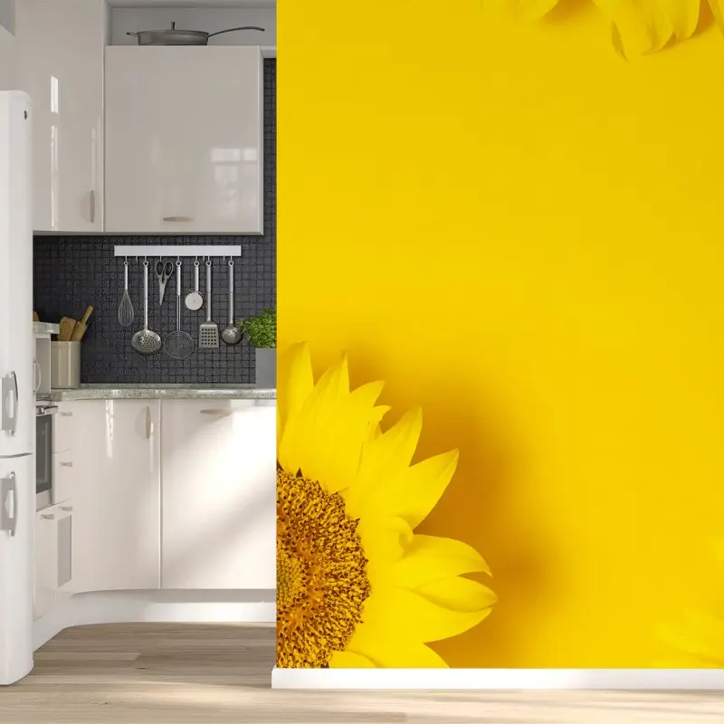 Wall mural sunflower trio on yellow background
