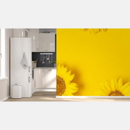 Wall mural sunflower trio on yellow background • Wallissimo®