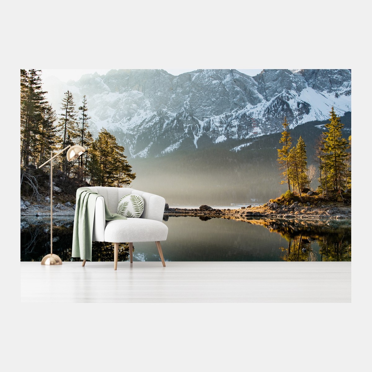 Wall mural mountain lake reflection at sunrise • Wallissimo®