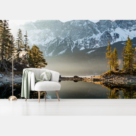 Wall mural mountain lake reflection at sunrise • Wallissimo®