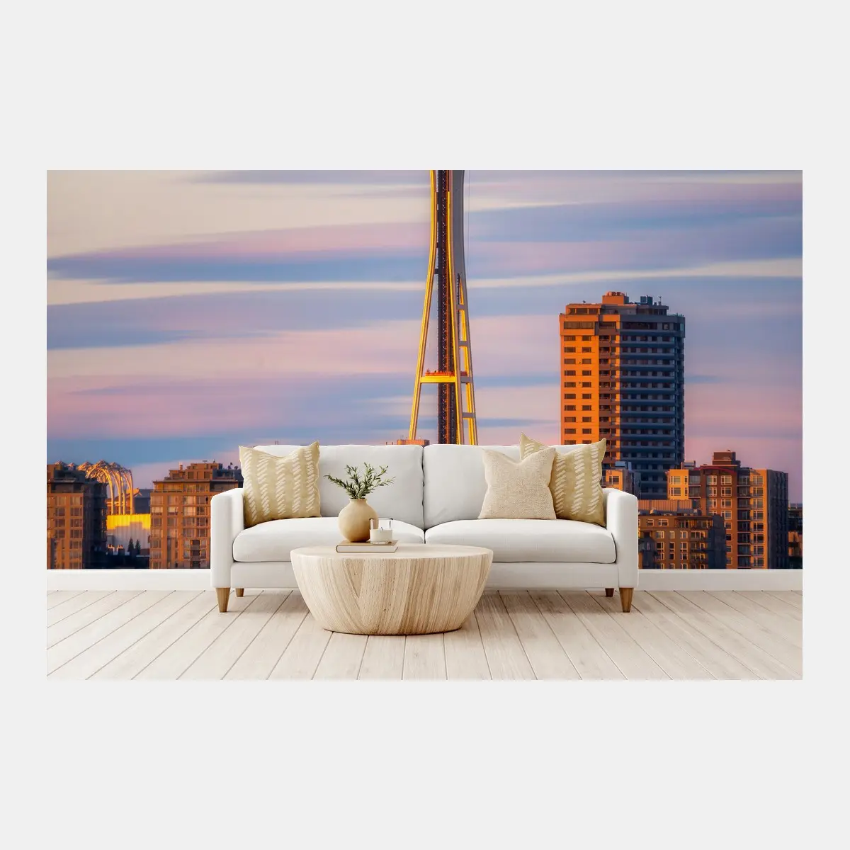 Wall mural Seattle skyline with Space Needle at sunset • Wallissimo®
