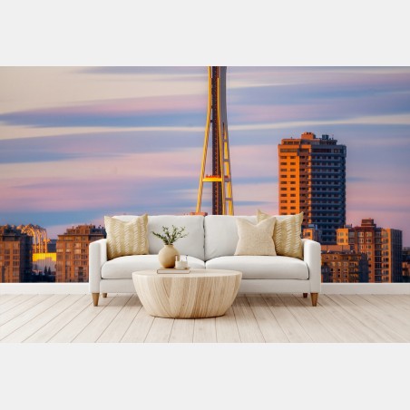Wall mural Seattle skyline with Space Needle at sunset • Wallissimo®