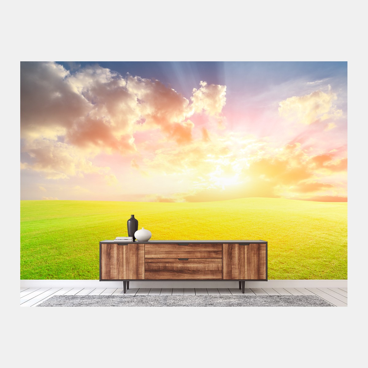 Wall mural sunlit meadow at sunset • Wallissimo®
