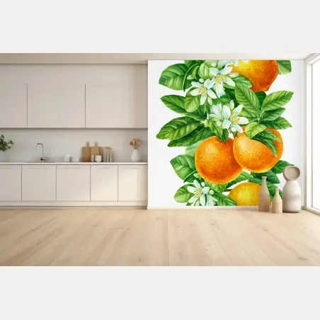 Wall mural citrus blossoms and ripe oranges • Wallissimo®