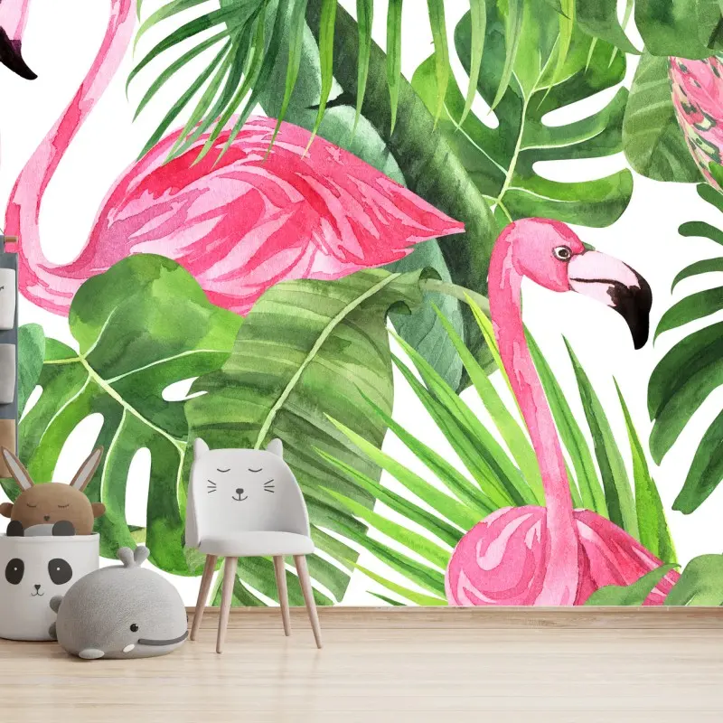 Wall mural pink flamingo tropical watercolor pattern