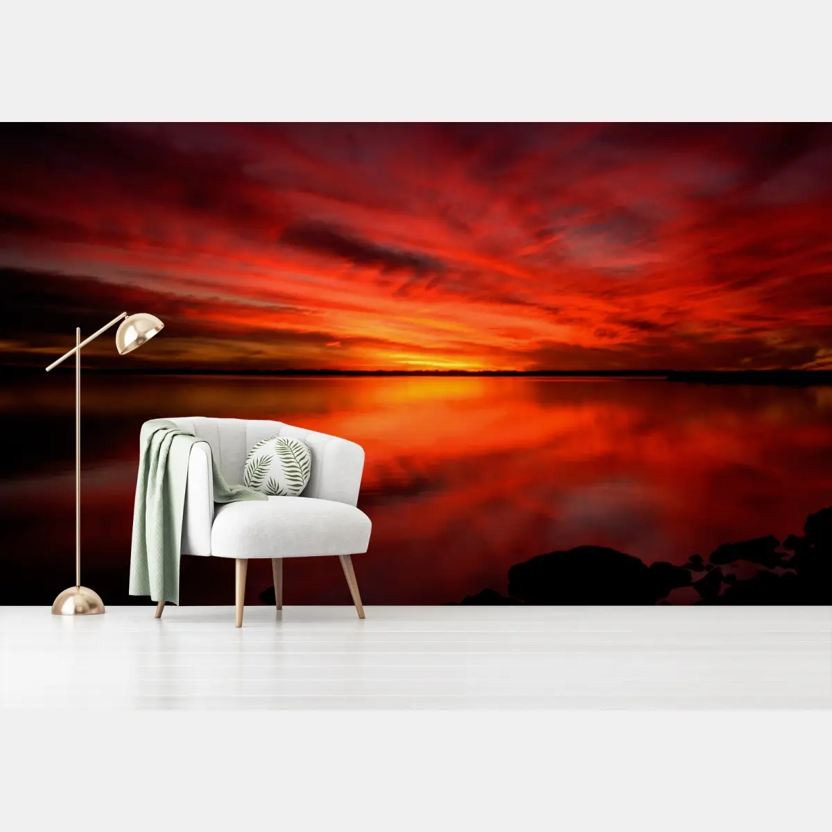 Wall mural fiery red sunset over still lake • Wallissimo®