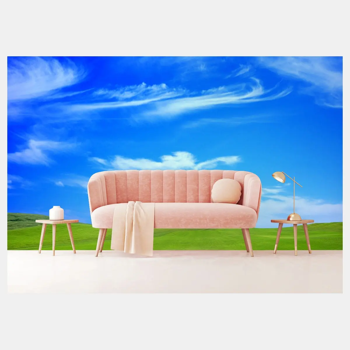 Wall mural green meadow under blue sky • Wallissimo®