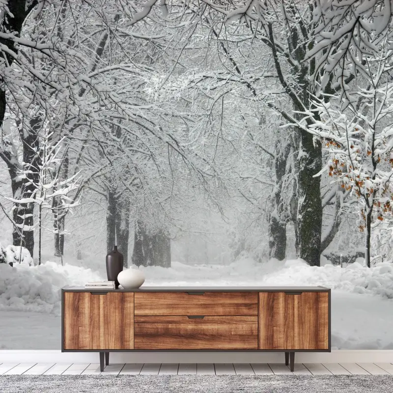 Wall mural serene winter forest pathway