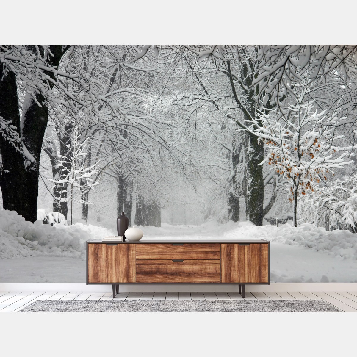 Wall mural serene winter forest pathway • Wallissimo®