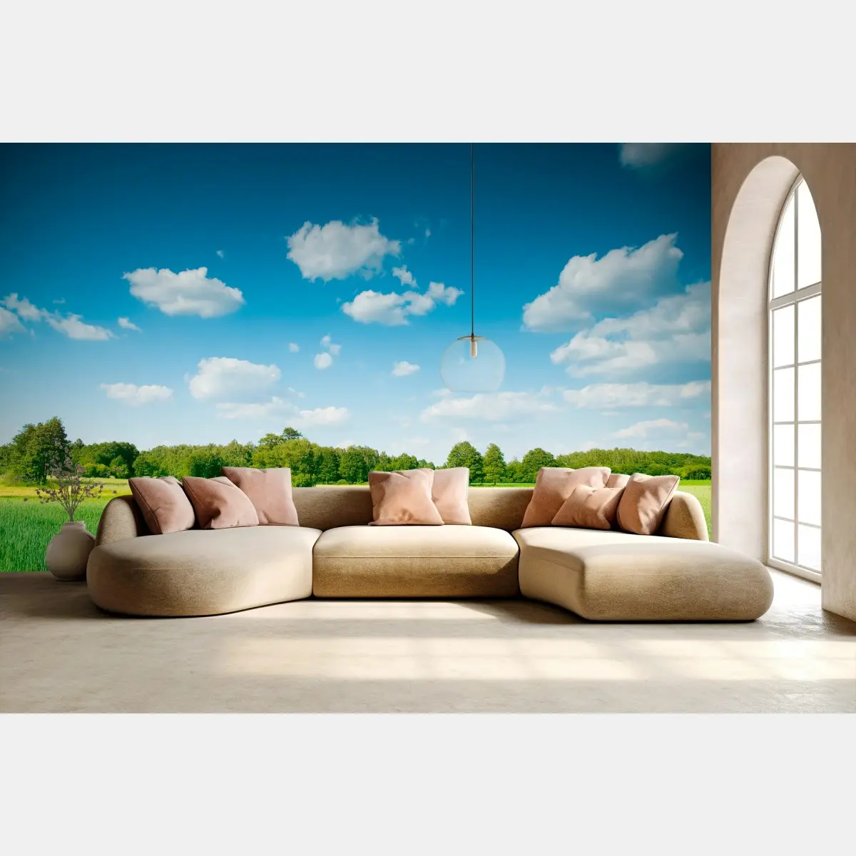 Wall mural sunlit summer meadow under a blue sky • Wallissimo®
