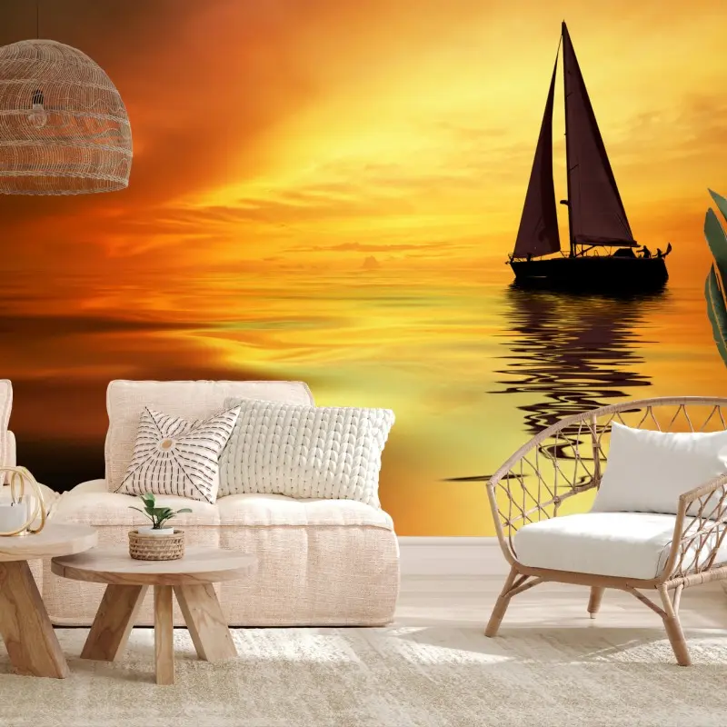 Wall mural sailboat at golden sunset