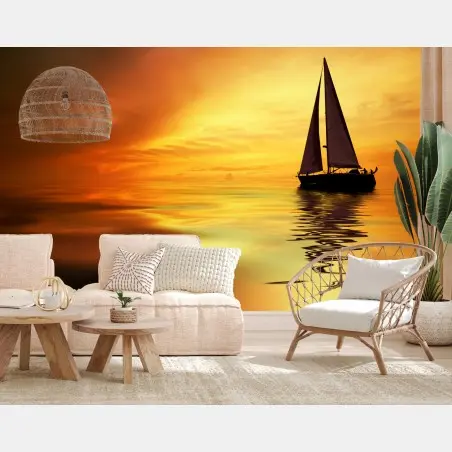 Wall mural sailboat at golden sunset • Wallissimo®