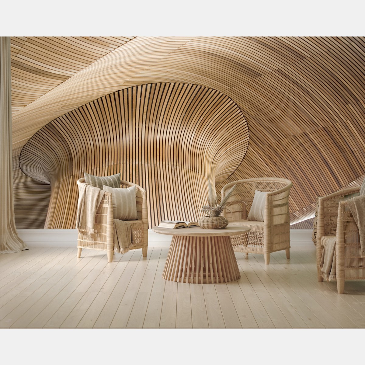 Wall mural sculptural wooden ceiling waves • Wallissimo®