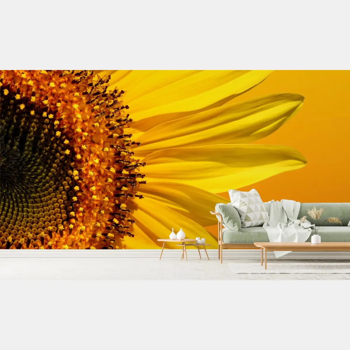 Wall mural bright sunflower close-up on yellow background • Wallissimo®
