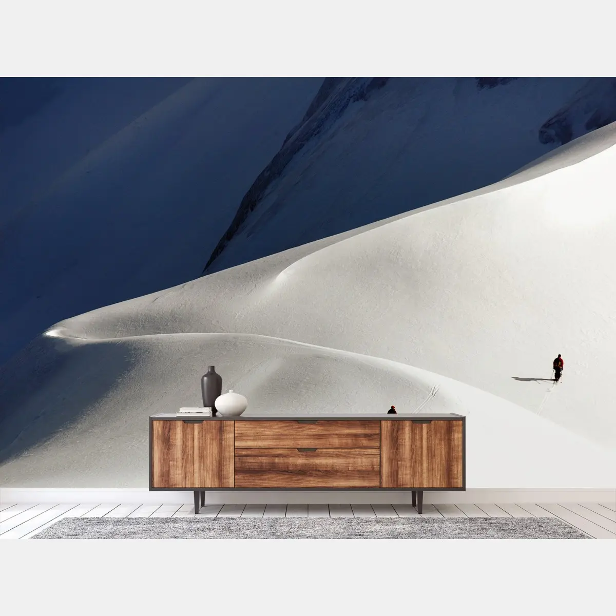 Wall mural snowy mountain minimalism with skiers • Wallissimo®