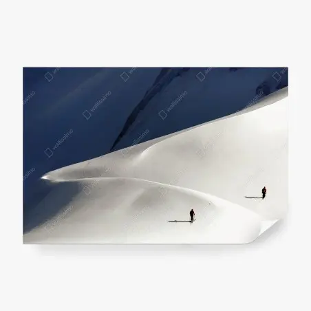 Wall mural snowy mountain minimalism with skiers • Wallissimo®