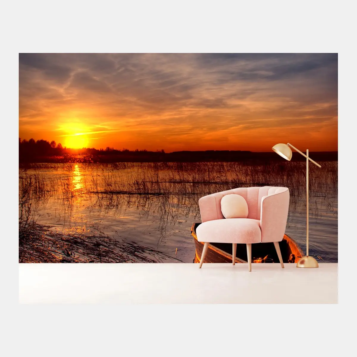 Wall mural sunset boat on a tranquil lake • Wallissimo®