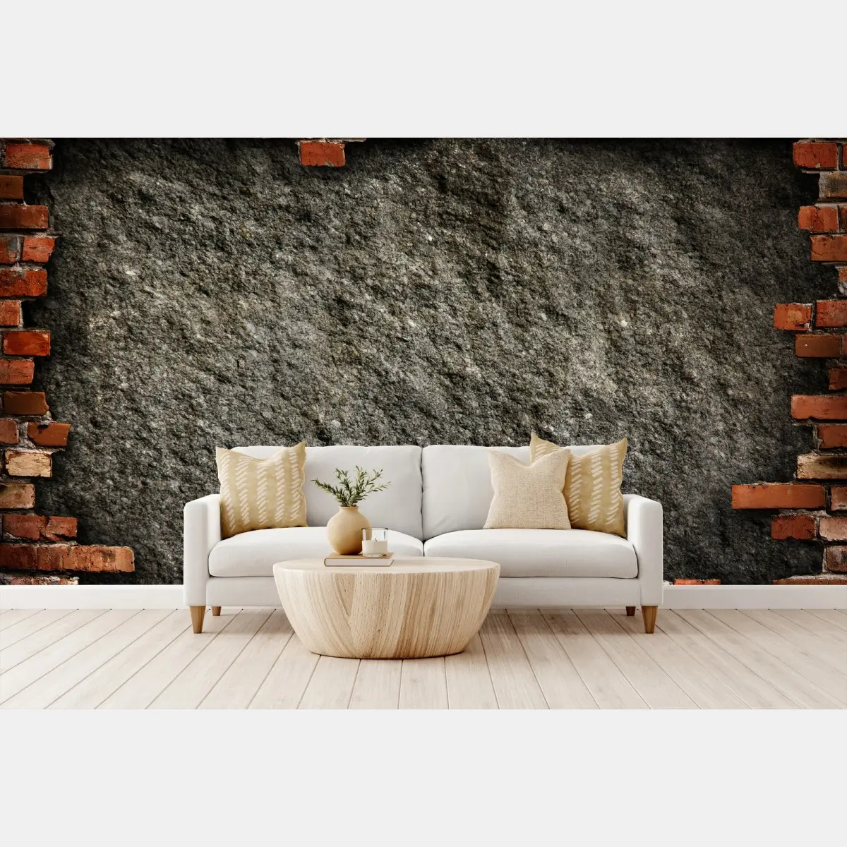 Wall mural grungy concrete wall with red brick frame • Wallissimo®