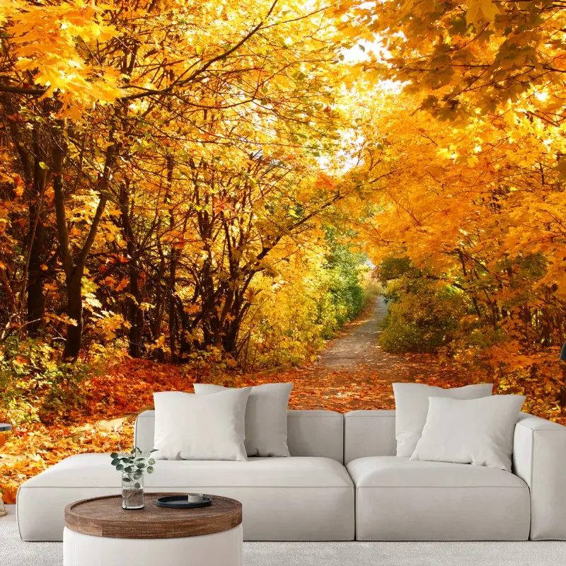 Wall mural golden autumn pathway through the trees