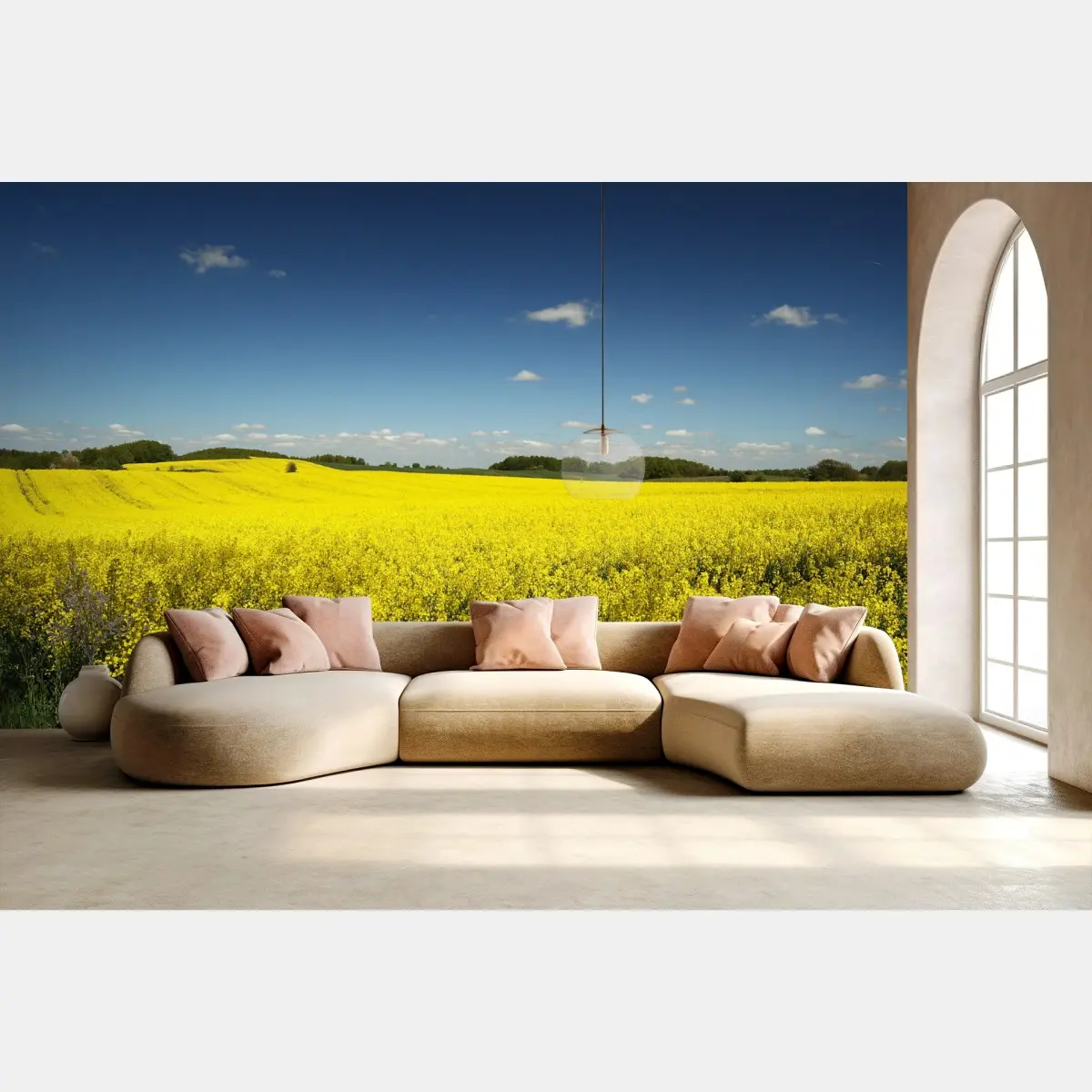 Wall mural vast yellow rapeseed field under blue sky • Wallissimo®