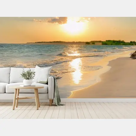 Wall mural sunlit beach at golden hour • Wallissimo®