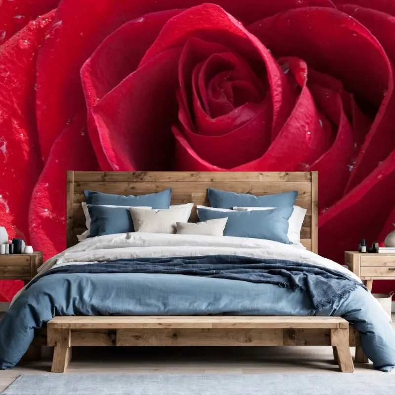 Wall mural red rose close-up with water droplets