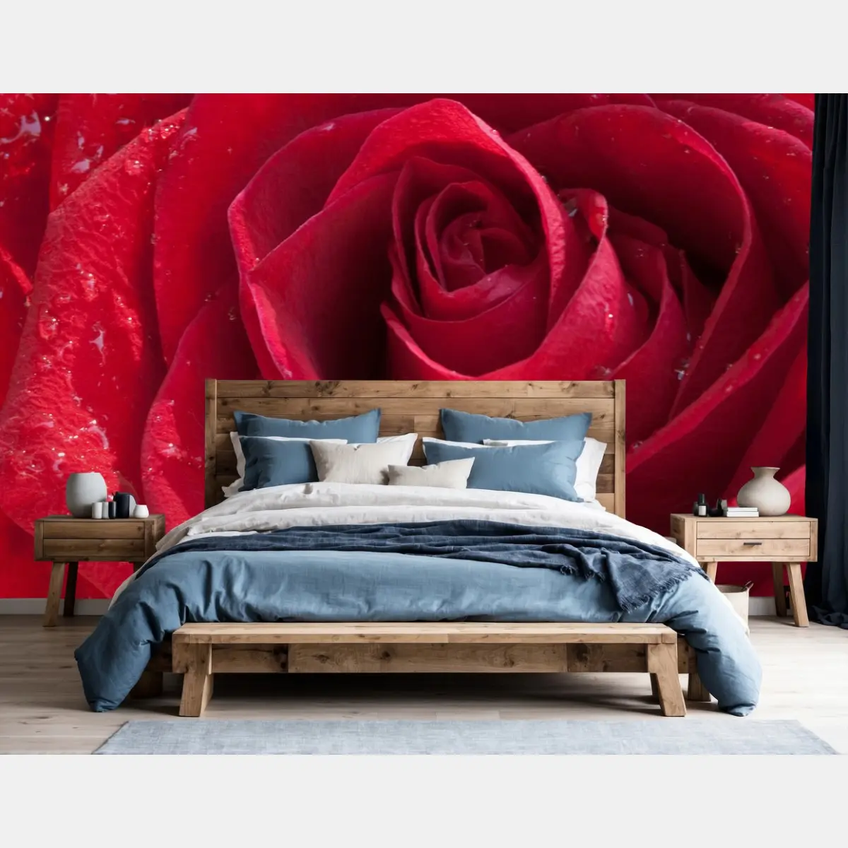 Wall mural red rose close-up with water droplets • Wallissimo®