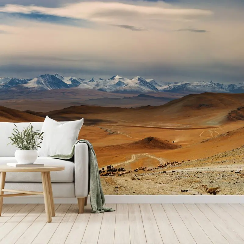 Wall mural vast Mongolian steppe with nomadic cattle