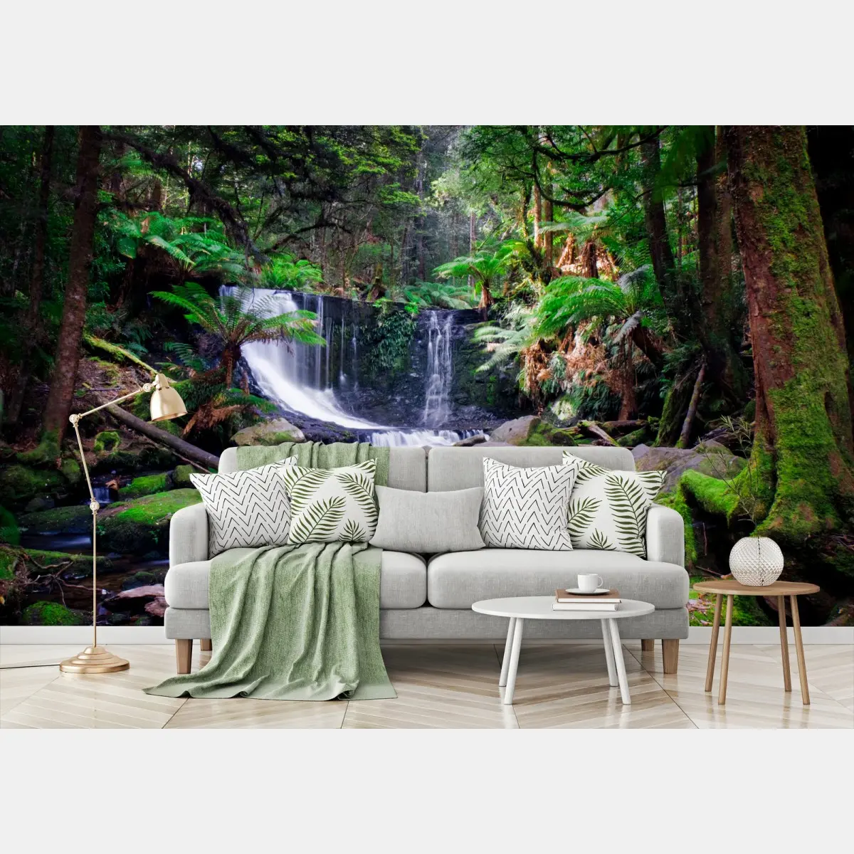 Wall mural moss-covered waterfall in lush forest • Wallissimo®