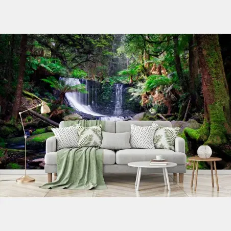 Wall mural moss-covered waterfall in lush forest • Wallissimo®
