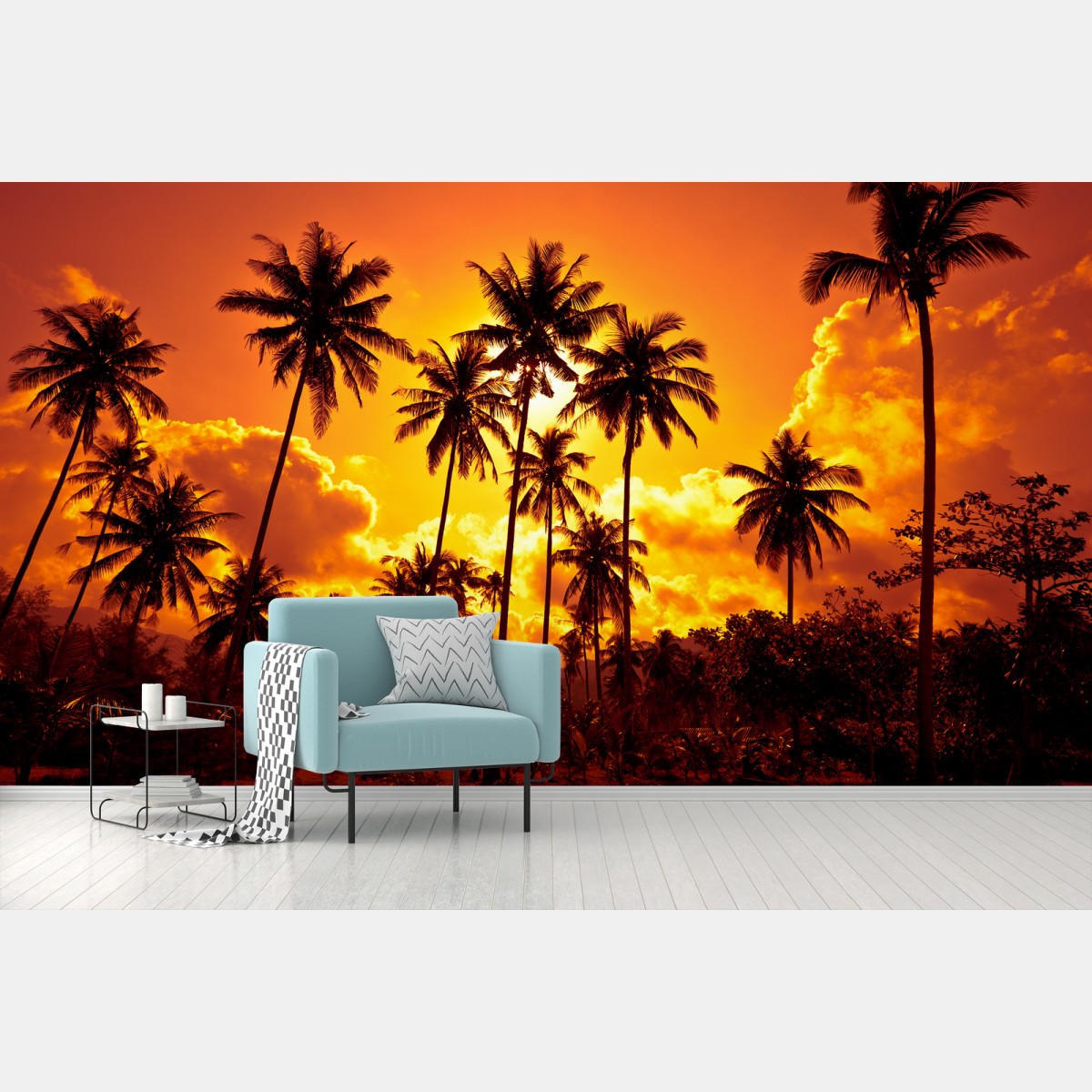 Wall mural tropical sunset palm silhouettes • Wallissimo®