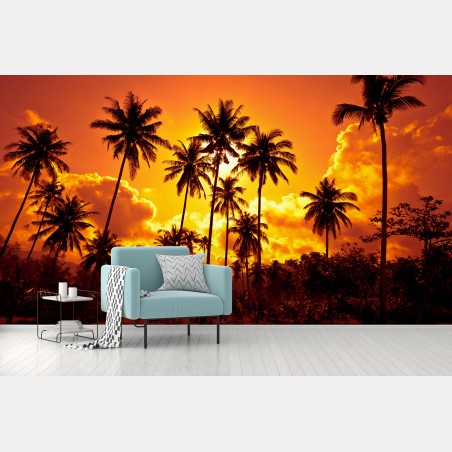 Wall mural tropical sunset palm silhouettes • Wallissimo®
