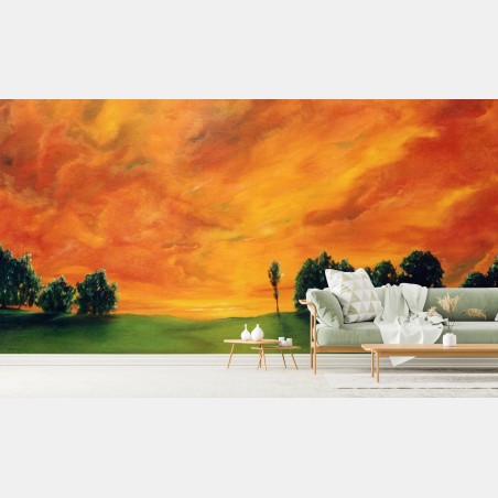 Wall mural fiery sunset over green meadow • Wallissimo®