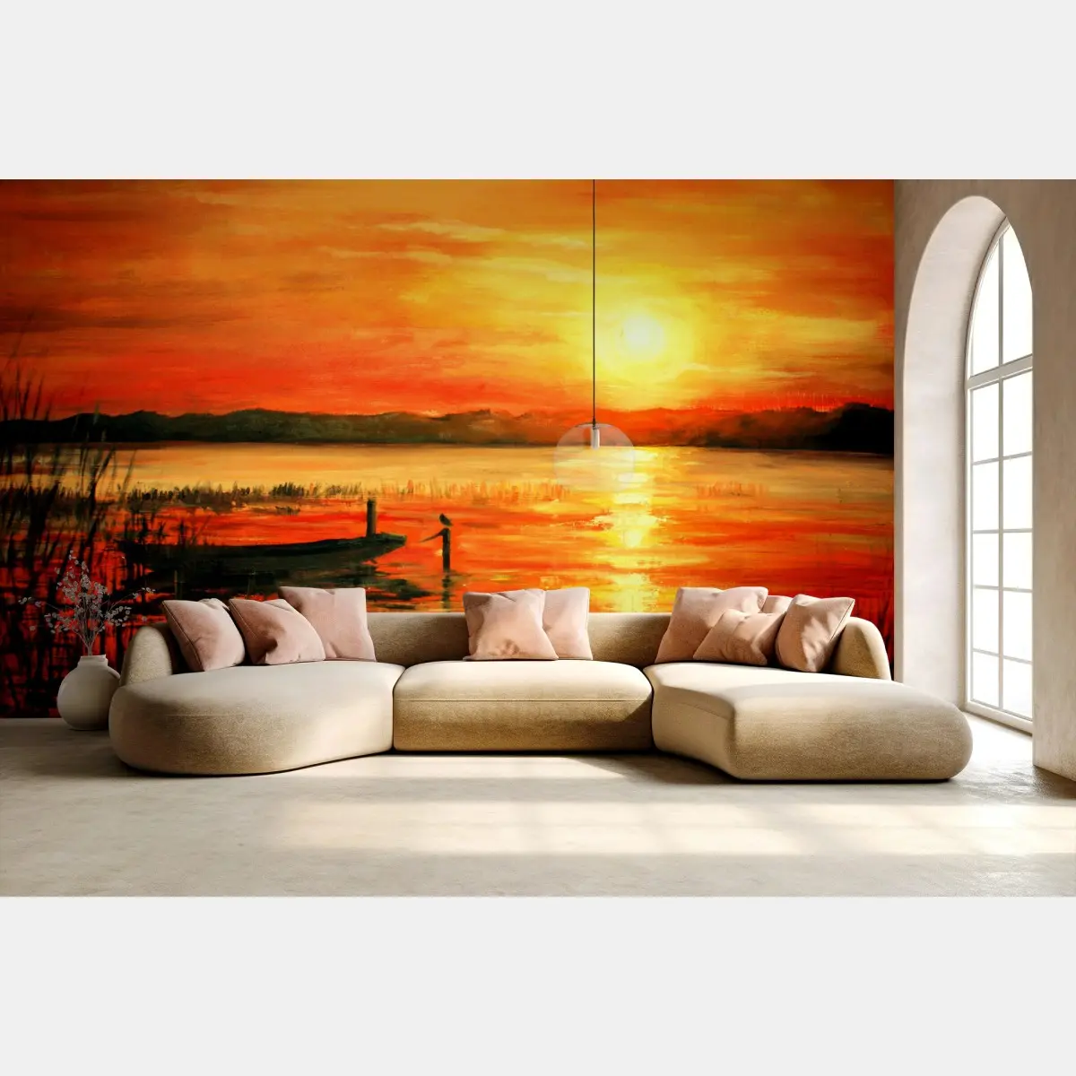 Wall mural golden sunset over tranquil lake • Wallissimo®