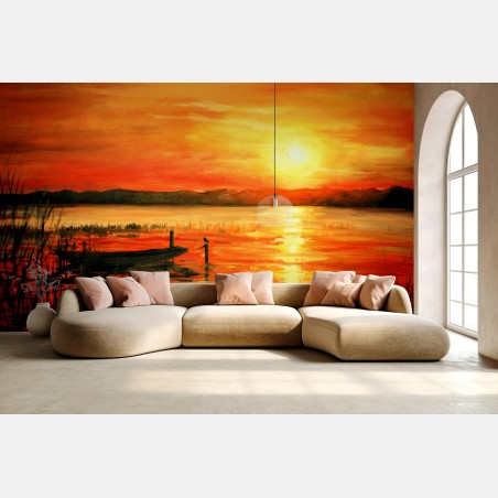 Wall mural golden sunset over tranquil lake • Wallissimo®