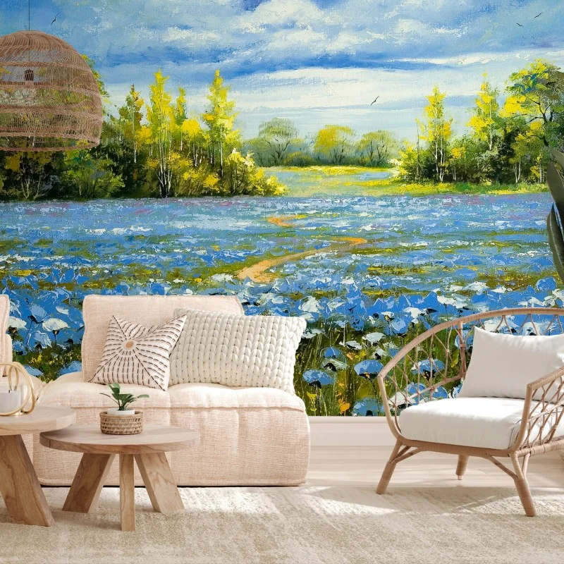 Wall mural path through a blue cornflower meadow
