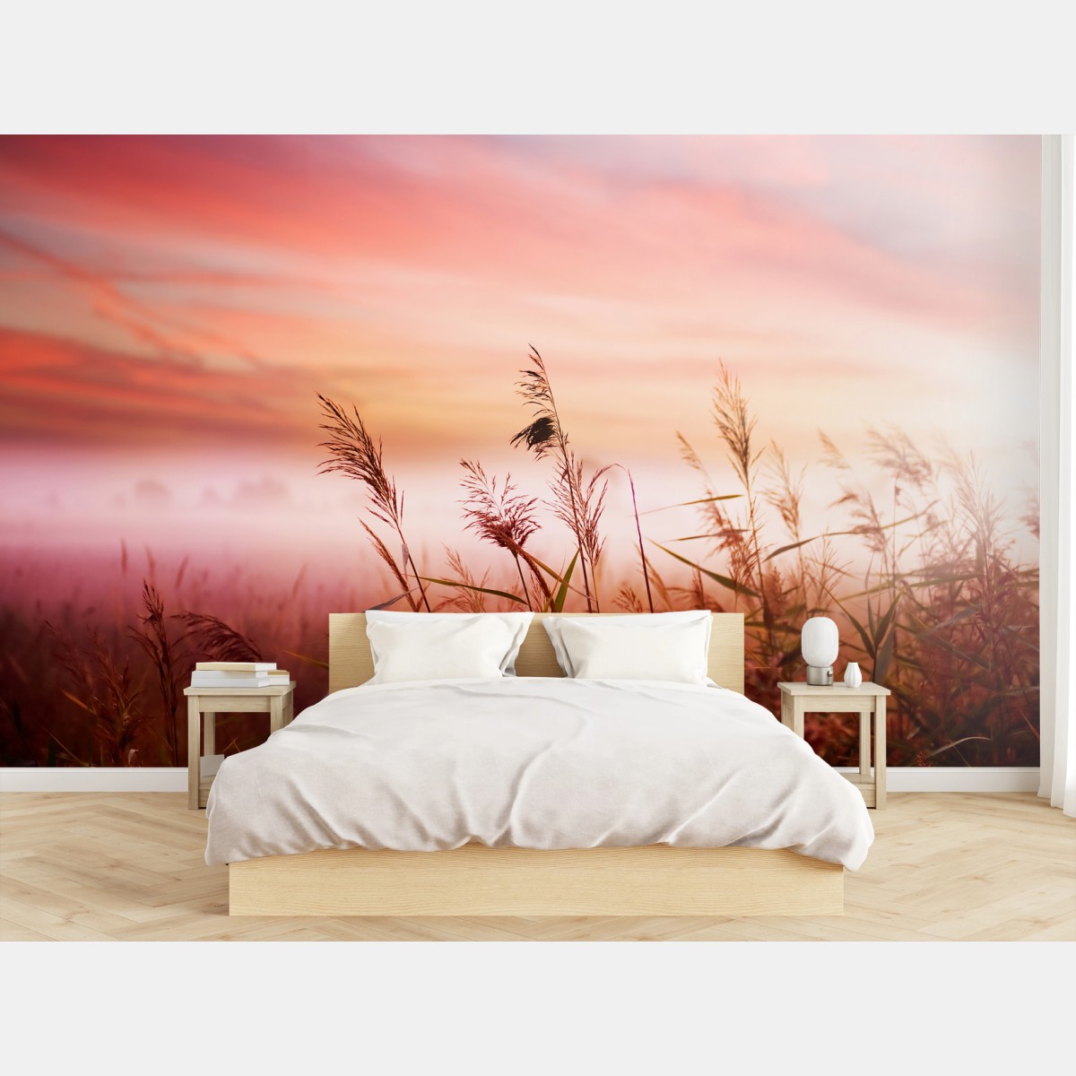 Wall mural misty meadow at sunrise • Wallissimo®