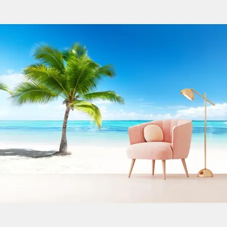 Wall mural tropical palm on tranquil beach • Wallissimo®