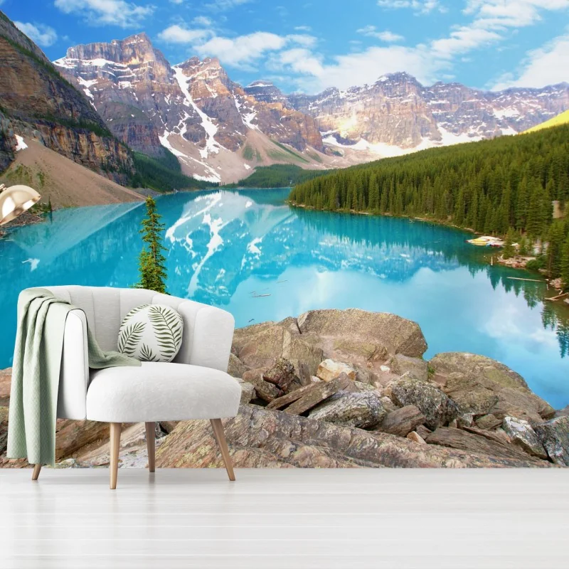 Wall mural turquoise mountain lake with pine forest