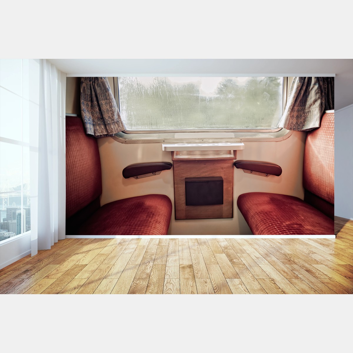 Wall mural vintage train compartment with rainy window • Wallissimo®