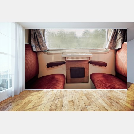 Wall mural vintage train compartment with rainy window • Wallissimo®