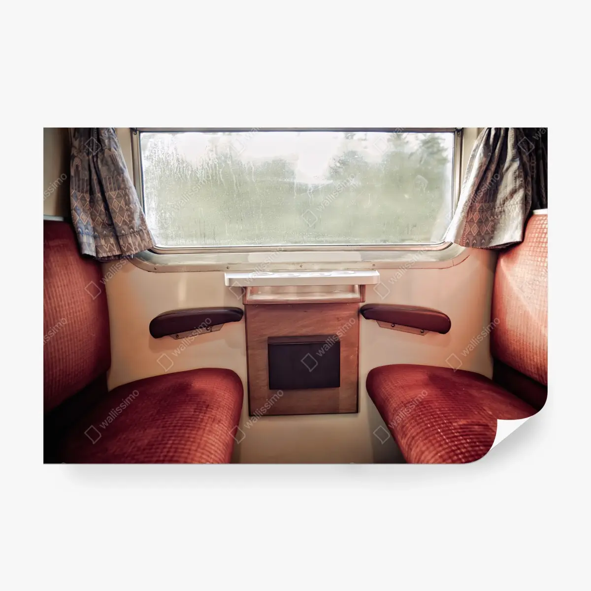 Wall mural vintage train compartment with rainy window • Wallissimo®