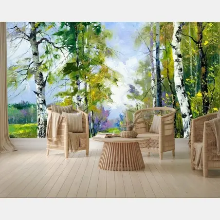 Wall mural spring birch forest path • Wallissimo®