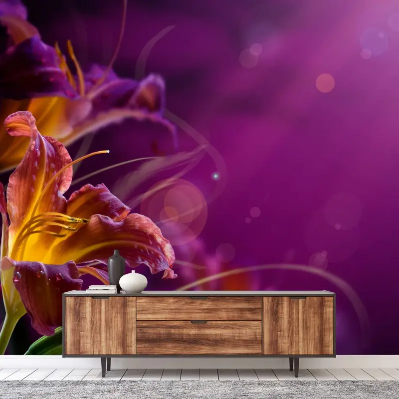 Wall mural glowing purple lily close-up