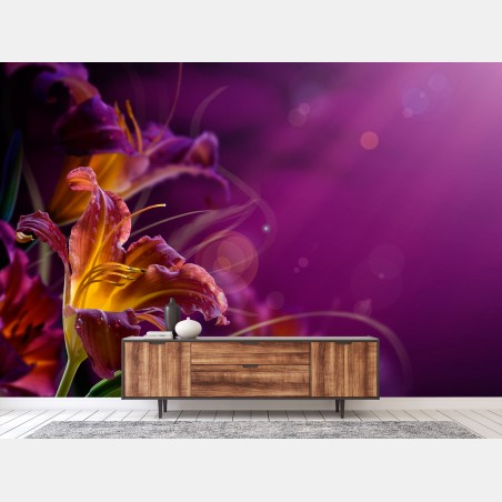 Wall mural glowing purple lily close-up • Wallissimo®