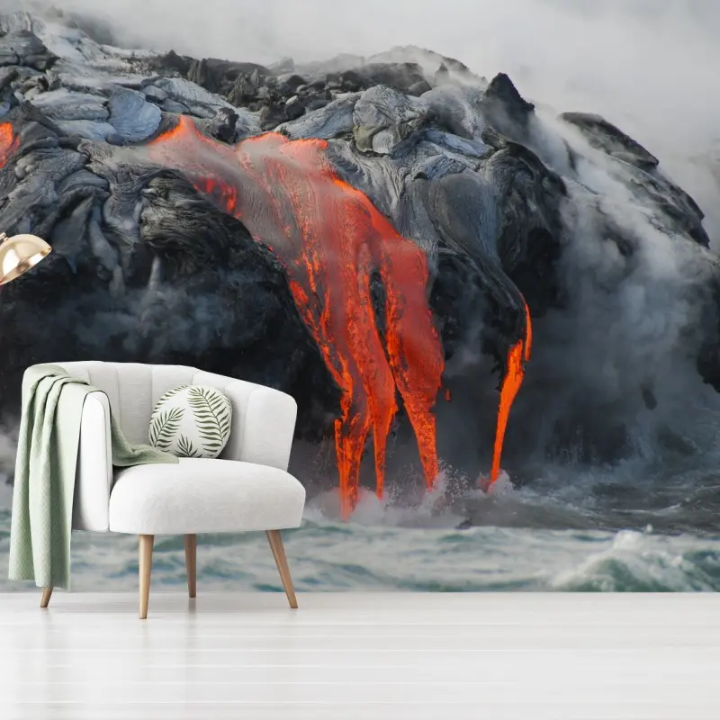 Wall mural molten lava flowing into the ocean
